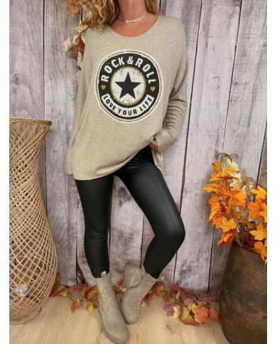 Pull oversize taupe "Rock & Roll"