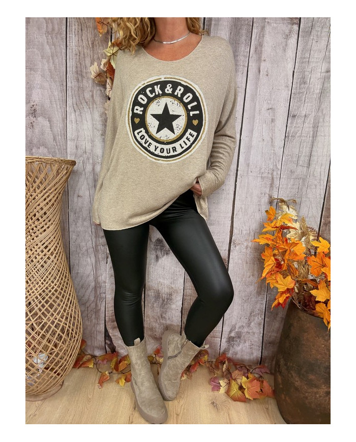 Pull oversize taupe "Rock & Roll"
