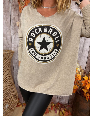Pull oversize taupe "Rock & Roll"