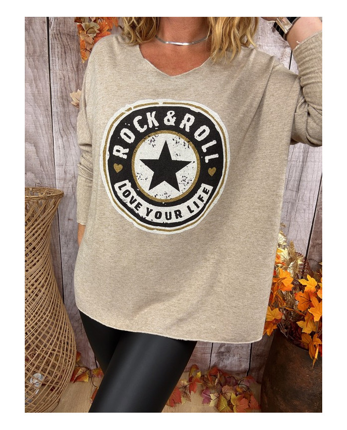 Pull oversize taupe "Rock & Roll"