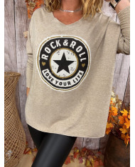 Pull oversize taupe "Rock & Roll"