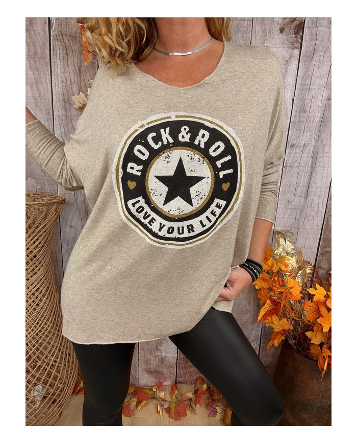 Pull oversize taupe "Rock & Roll"