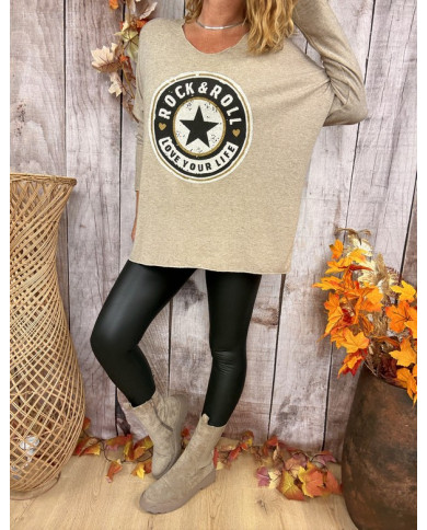 Pull oversize taupe "Rock & Roll"