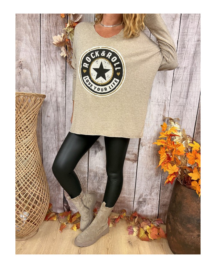 Pull oversize taupe "Rock & Roll"