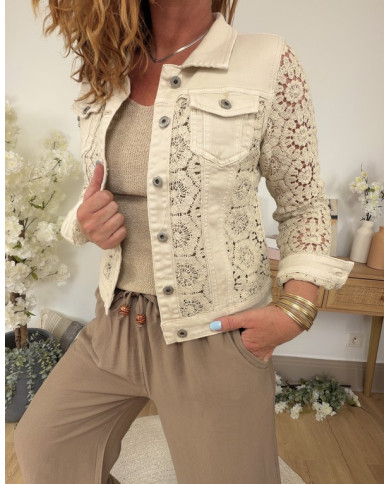 Veste jean & crochet beige