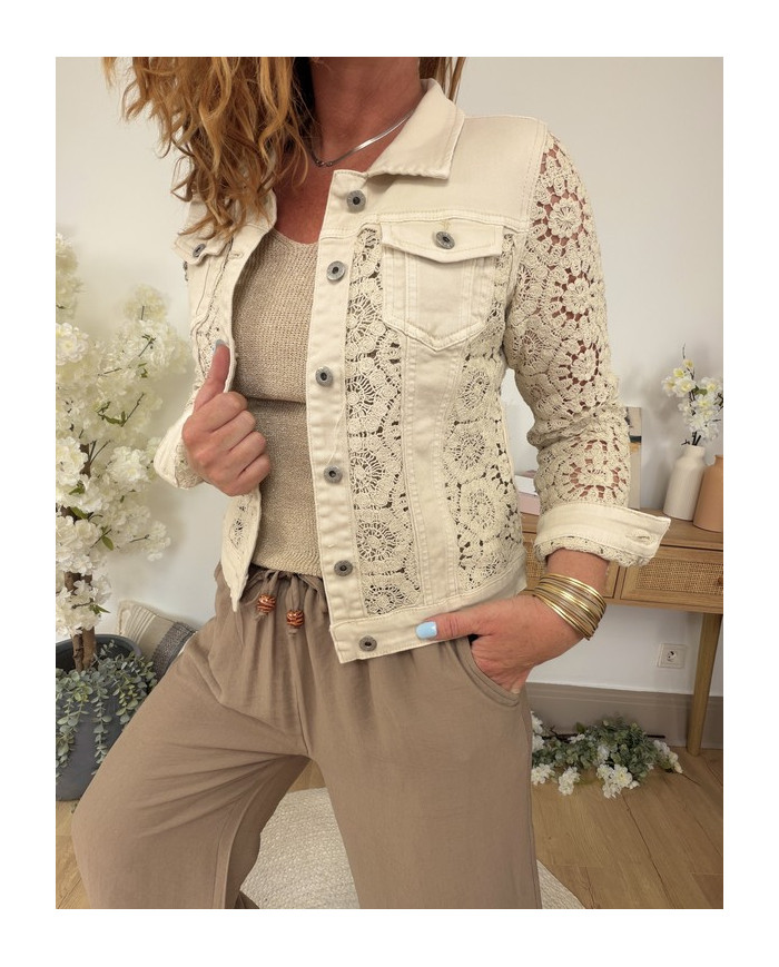 Veste jean & crochet beige
