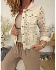 Veste jean & crochet beige