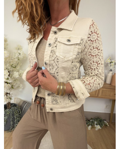 Veste jean & crochet beige