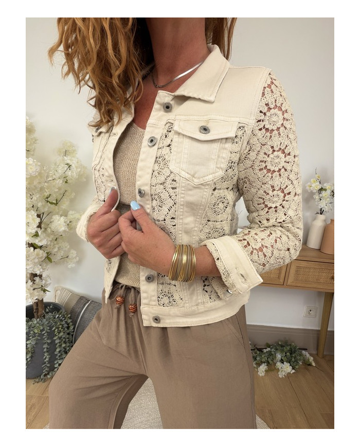 Veste jean & crochet beige