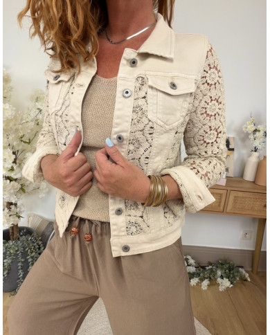 Veste jean & crochet beige