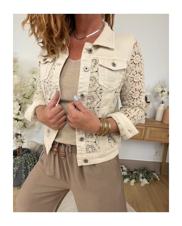 Veste jean & crochet beige