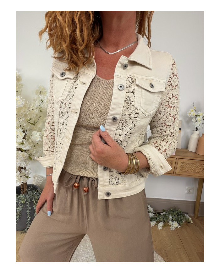 Veste jean & crochet beige