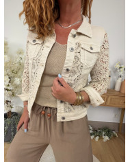 Veste jean & crochet beige
