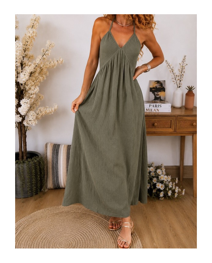 Robe longue kaki Lucile en gaze de coton
