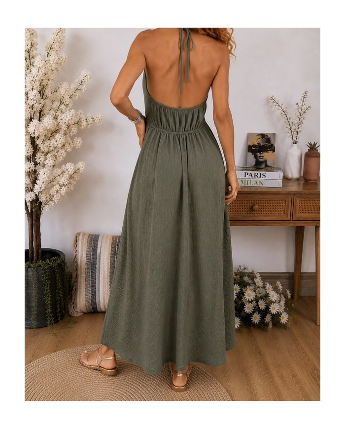 Robe longue kaki Lucile en gaze de coton
