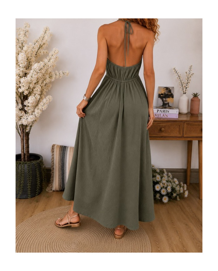 Robe longue kaki Lucile en gaze de coton