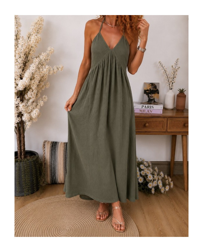 Robe longue kaki Lucile en gaze de coton