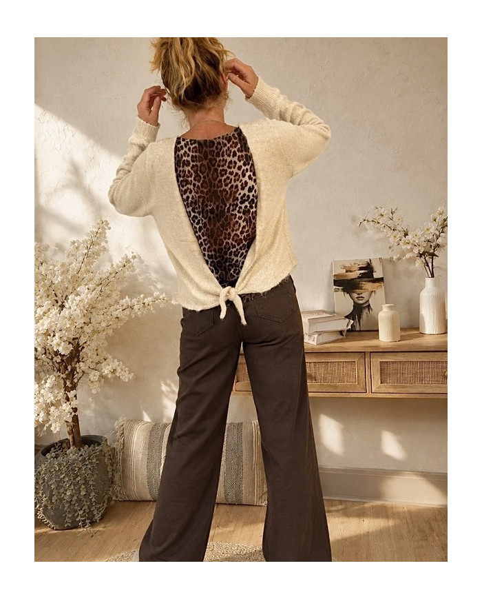 Pull beige & dos léopard