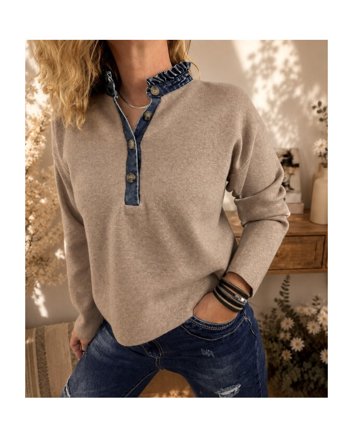 Pull taupe col en jean Antonin