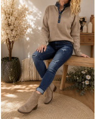 Pull taupe col en jean Antonin