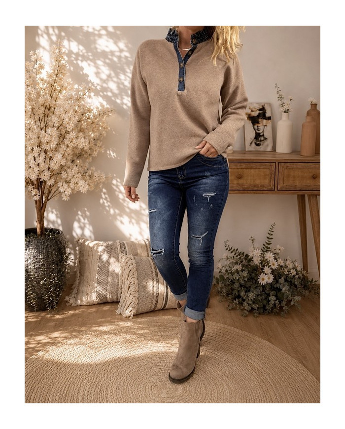 Pull taupe col en jean Antonin