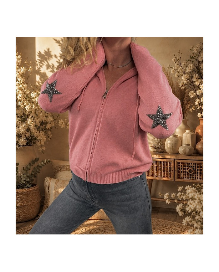 Gilet à capuche étoile rose blush