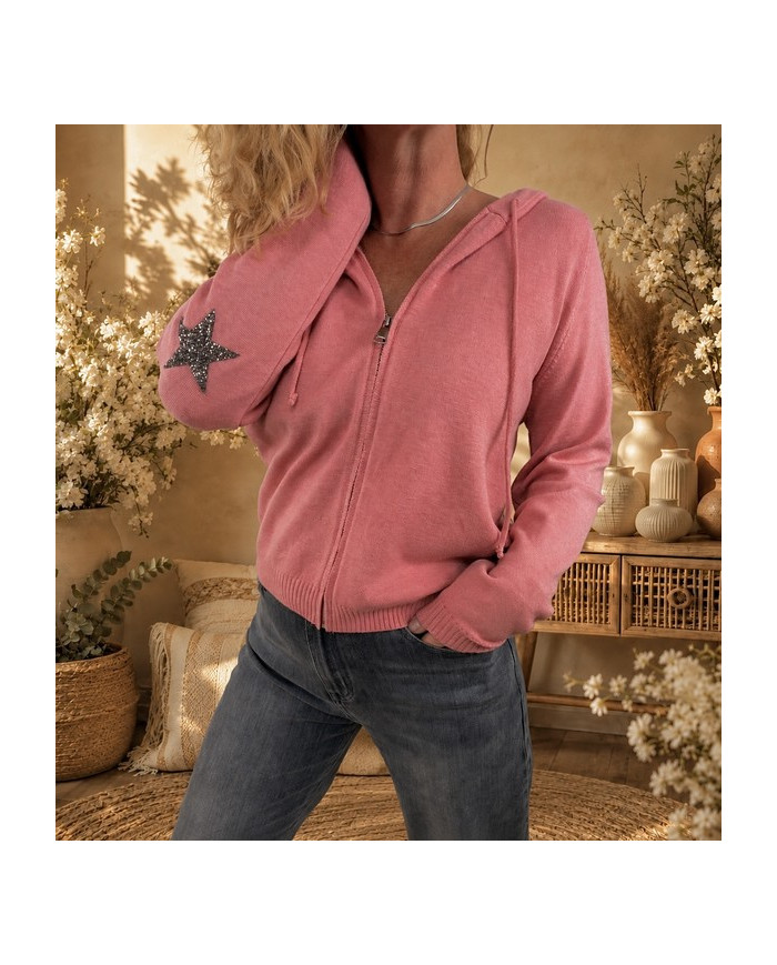 Gilet à capuche étoile rose blush