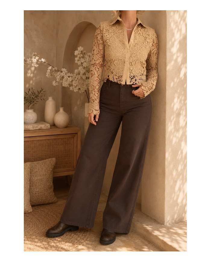 Chemisier brodé beige foncé