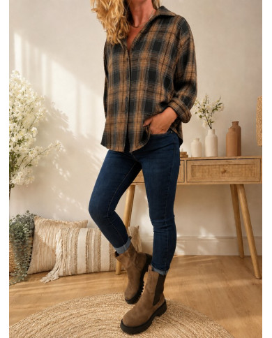 Chemise à carreaux noir caramel