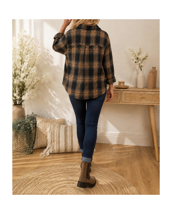 Chemise à carreaux noir caramel