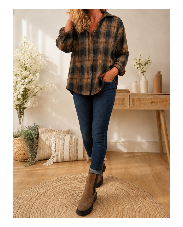 Chemise à carreaux noir caramel