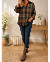 Chemise à carreaux noir caramel