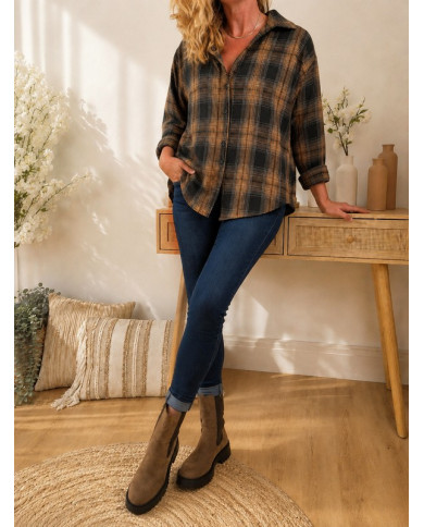Chemise à carreaux noir caramel