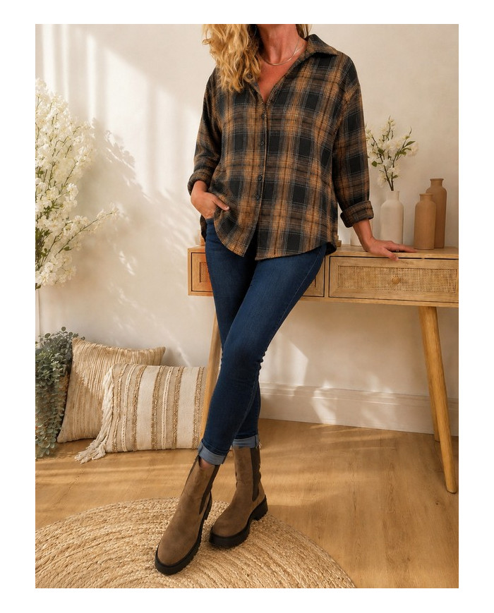 Chemise à carreaux noir caramel