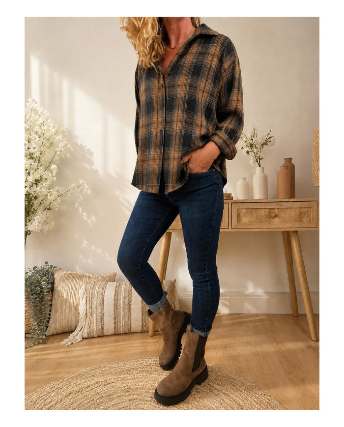 Chemise à carreaux noir caramel
