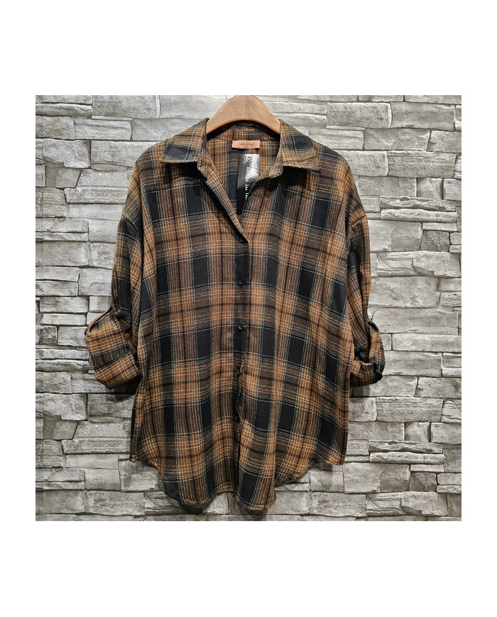 Chemise à carreaux noir caramel