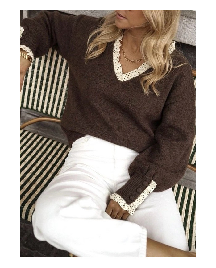 Pull marron choco & détails pois Léandre
