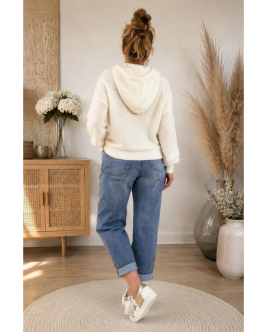 Pull écru à capuche avec mohair