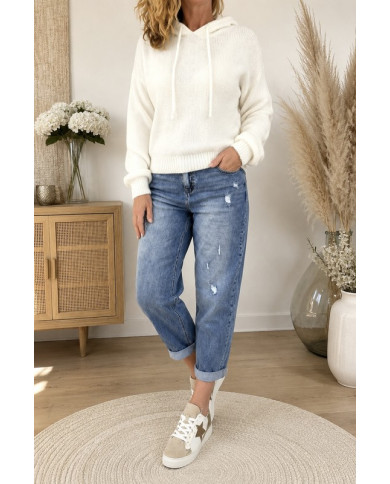 Pull écru à capuche avec mohair