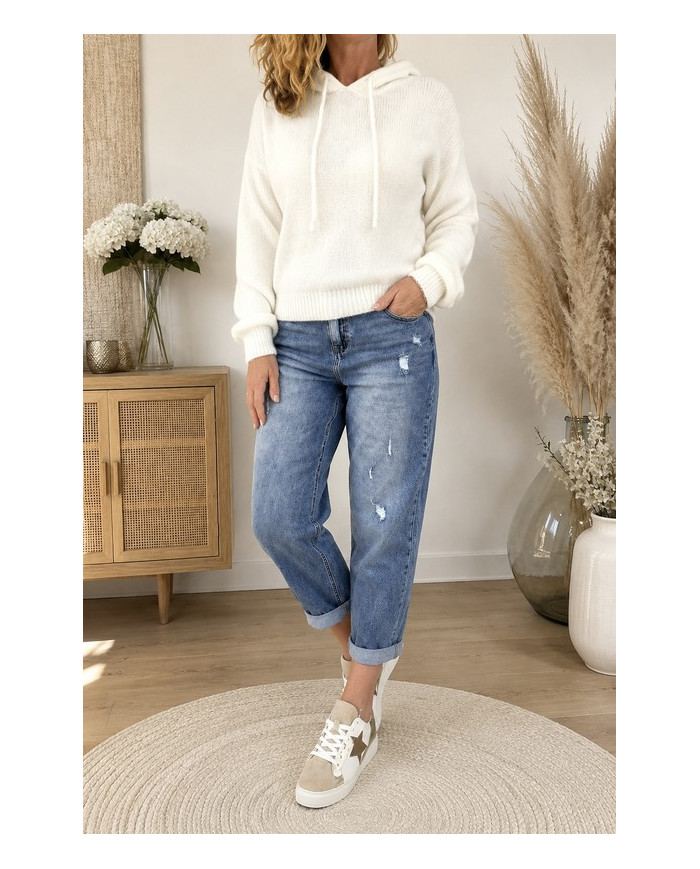 Pull écru à capuche avec mohair