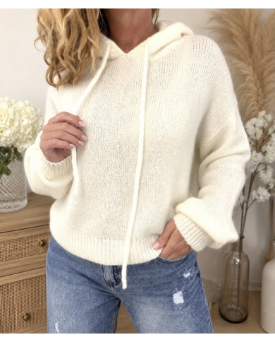 Pull écru à capuche avec mohair