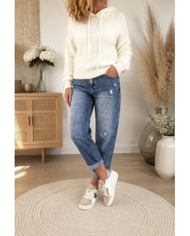 Pull écru à capuche avec mohair