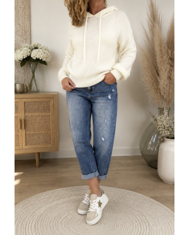 Pull écru à capuche avec mohair