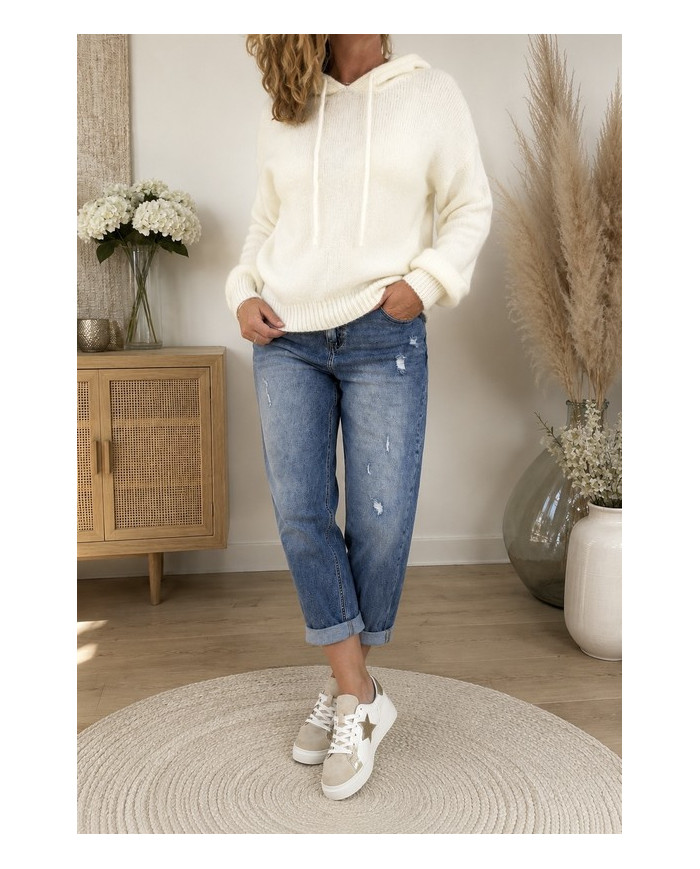 Pull écru à capuche avec mohair