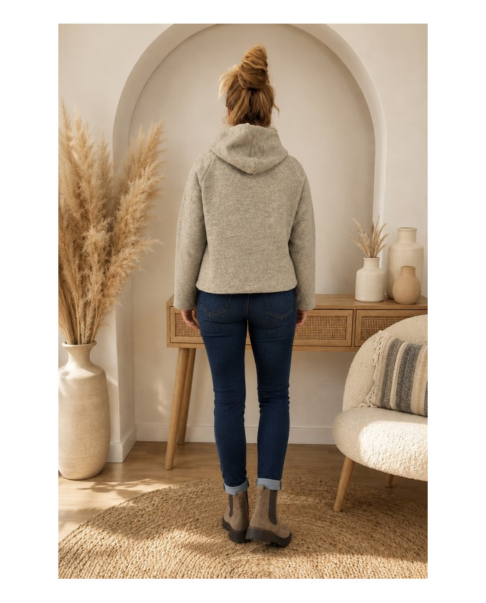 Veste taupe à capuche laine bouillie