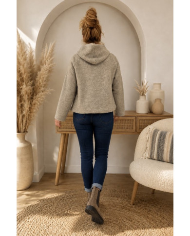 Veste taupe à capuche laine bouillie