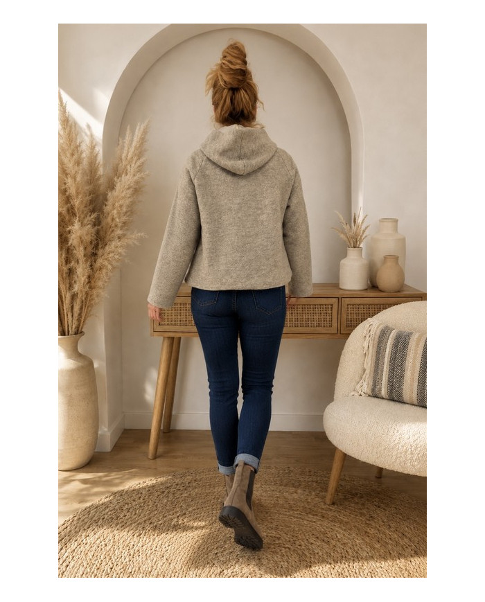 Veste taupe à capuche laine bouillie