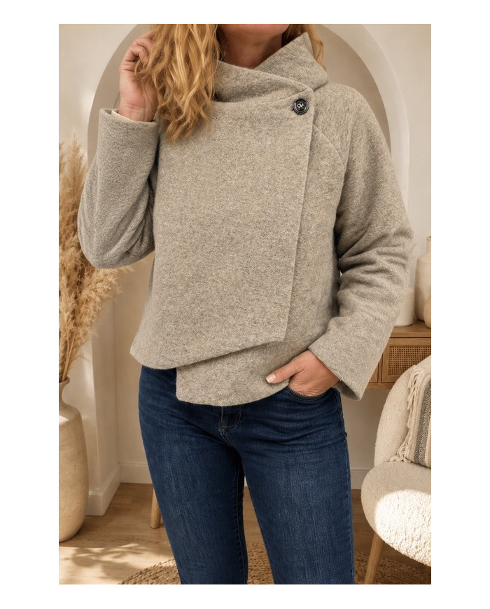 Veste taupe à capuche laine bouillie