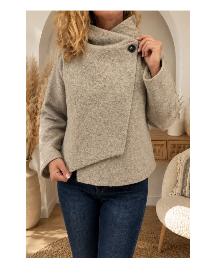 Veste taupe à capuche laine bouillie