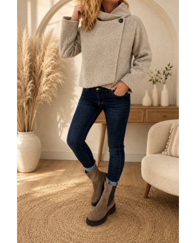 Veste taupe à capuche laine bouillie